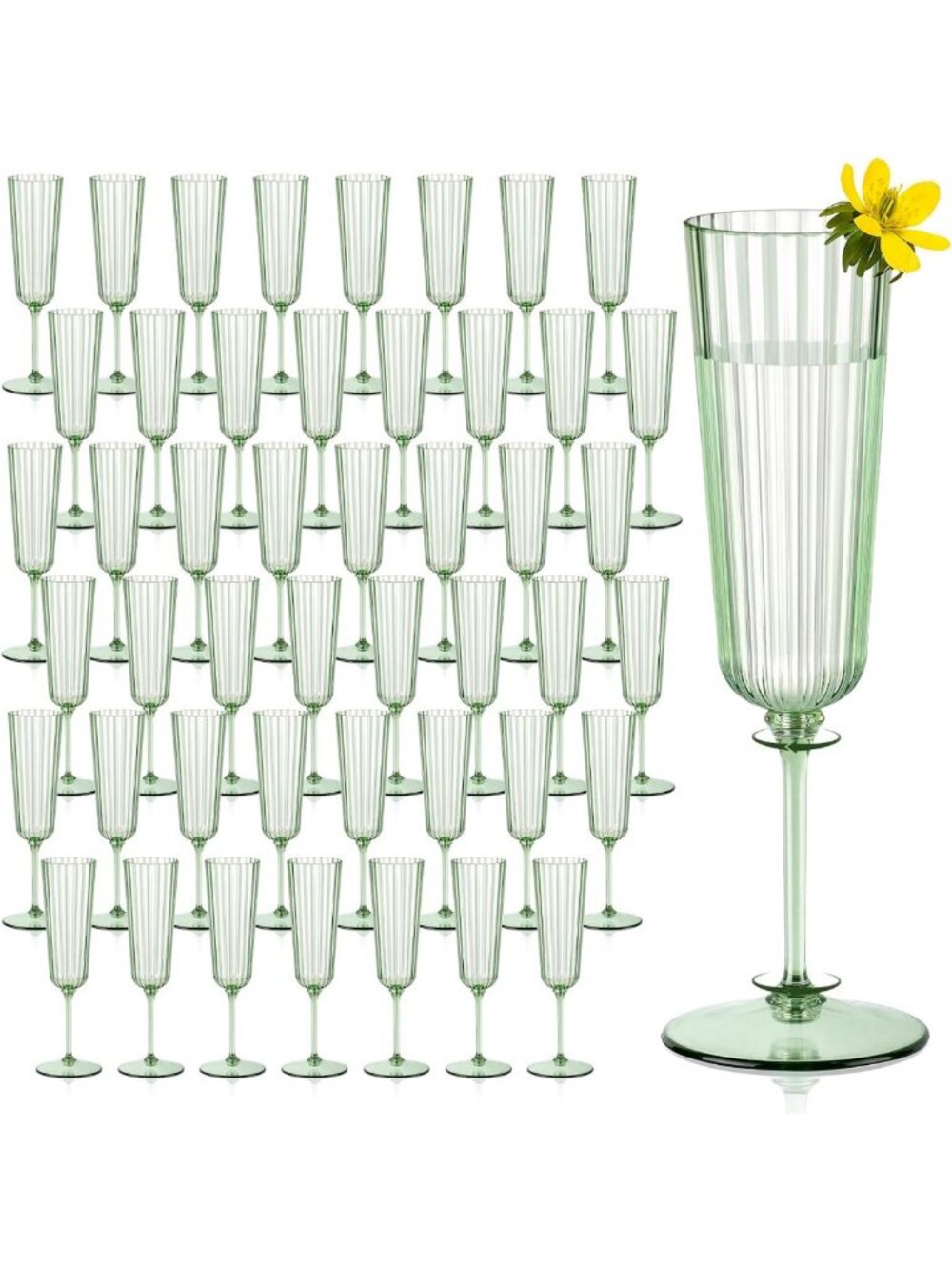 48 Pack Sage Green Unbreakable Champagne Flutes - Ribbed Disposable Wine Glasses
